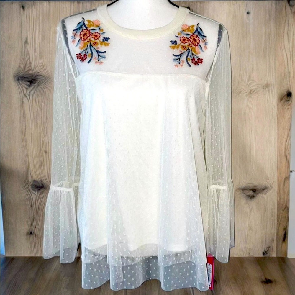 Boho Cream Embroidered Floral Tuelle Blouse